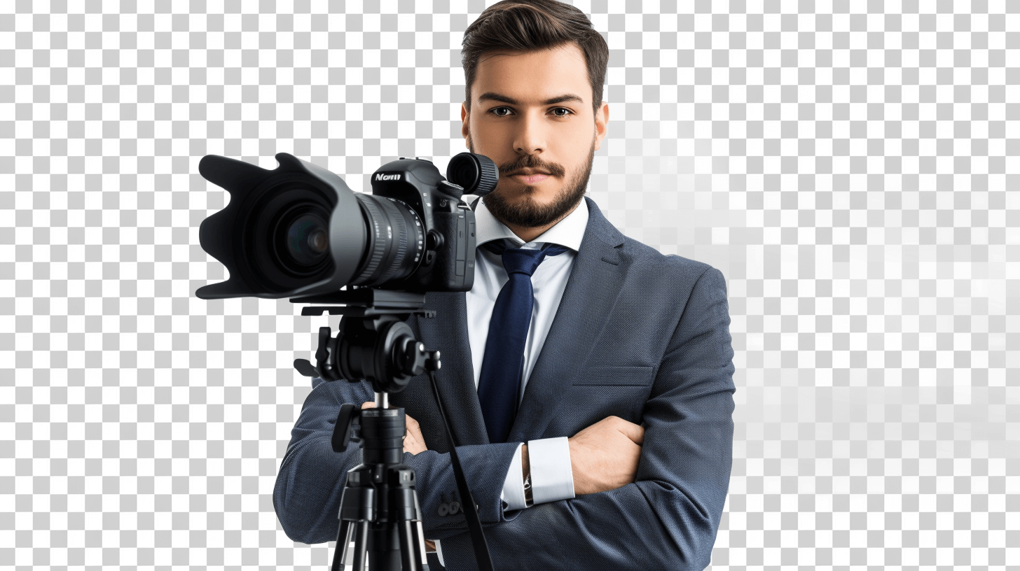 A handsome man in a suit holding a video camera, with a transparent background, in the style of a professional photo, with hyper realistic style.