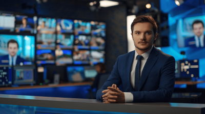 Cinematic shot of a handsome male TV reporter sitting at a news desk in a dark blue suit with multiple screens behind him, facing the camera with a 50mm lens under natural lighting and a news studio background in the style of a reporter.