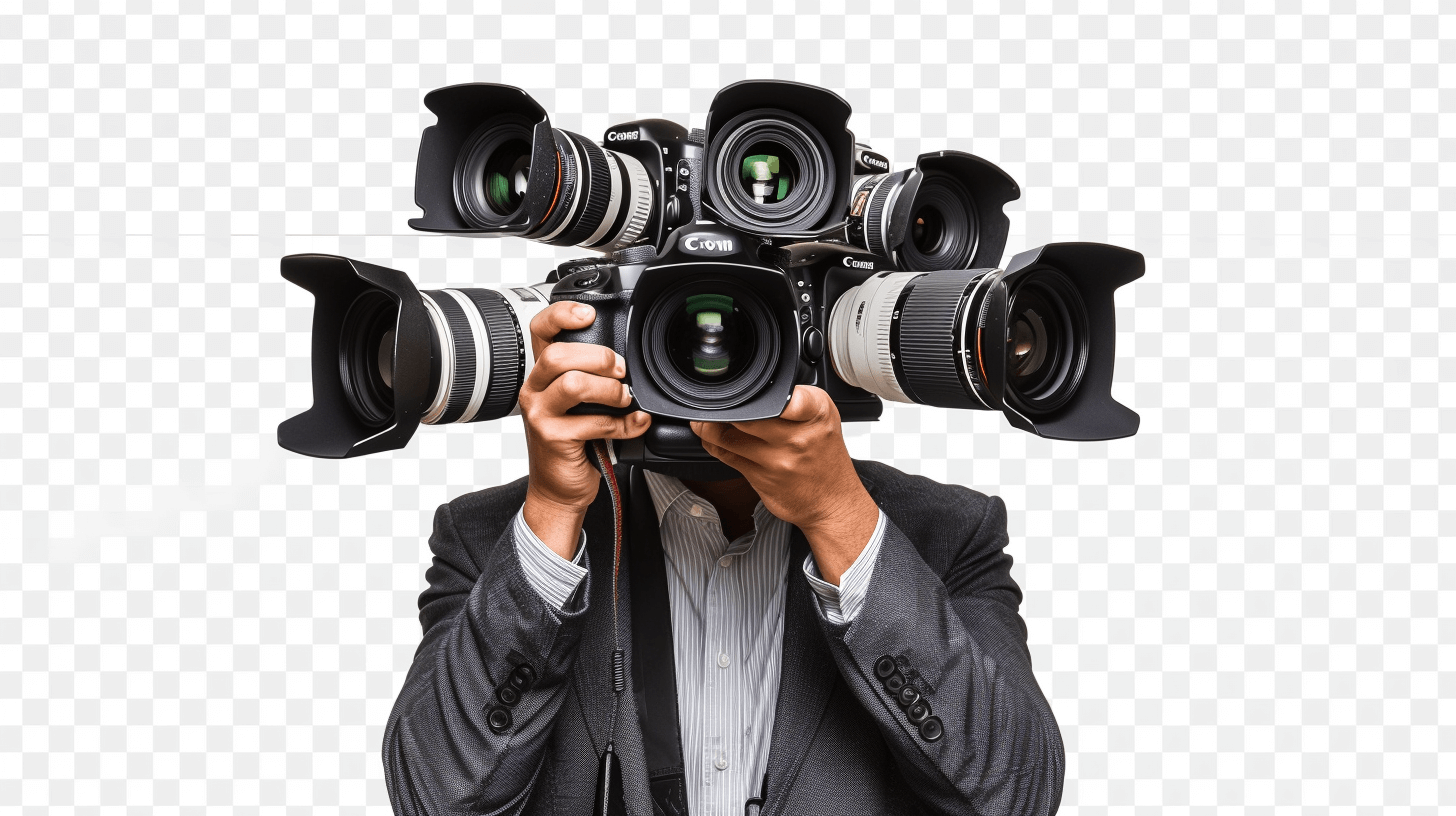 A journalist holding multiple cameras, isolated on a transparent background, in the style of photography quality png photo stock, png picture for commercial use.