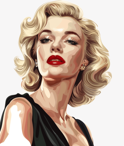 Marilyn Monroe portrait, vector illustration, white background, flat design, black dress, blonde hair, red lipstick, iconic pose, classic style, high resolution, clipart format, portrait