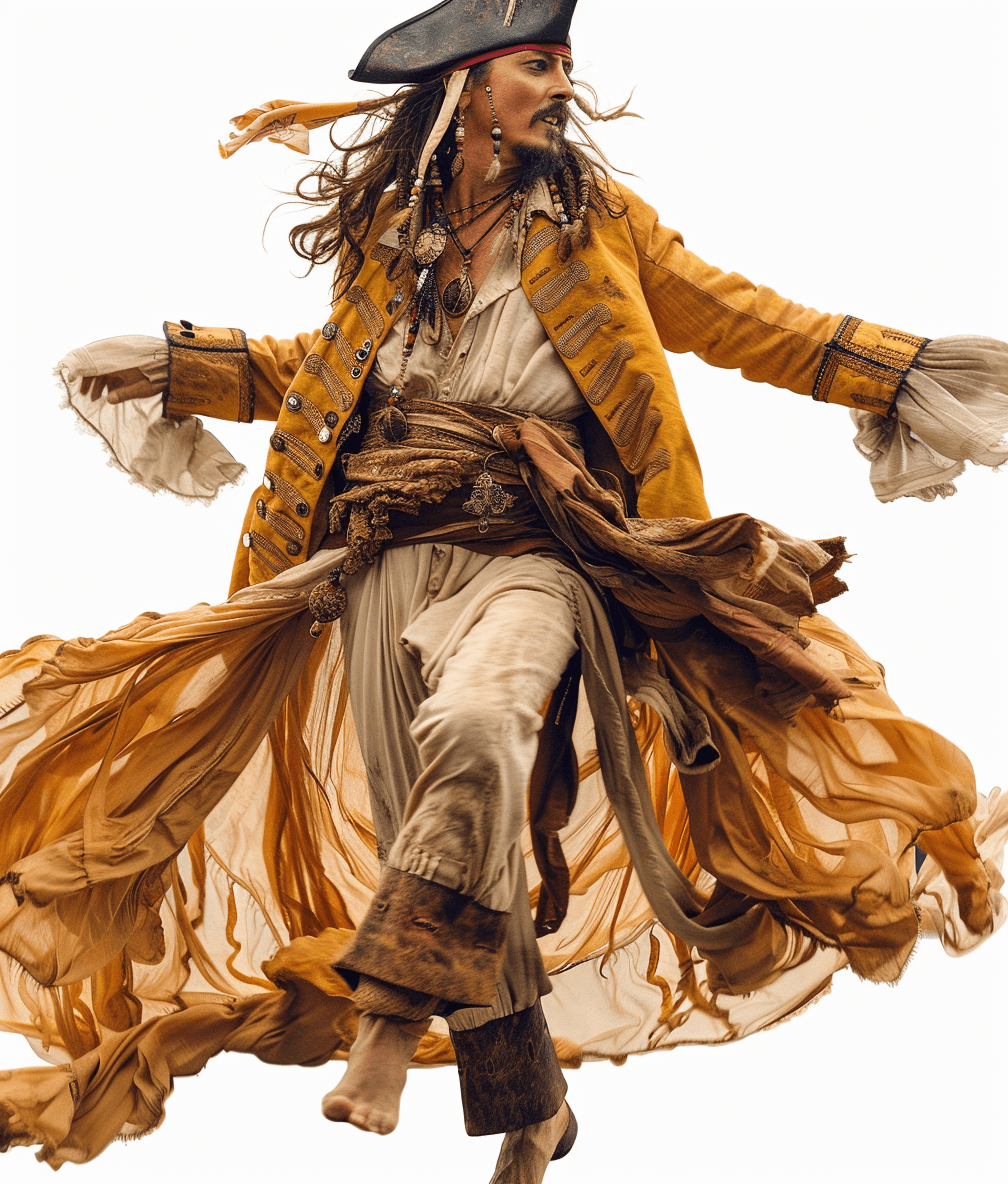 A photo of Captain Jack Sparrow in the style of Vogue, with a dynamic pose, a full body shot, on a white background, wearing a long yellow coat and a flowing cape.