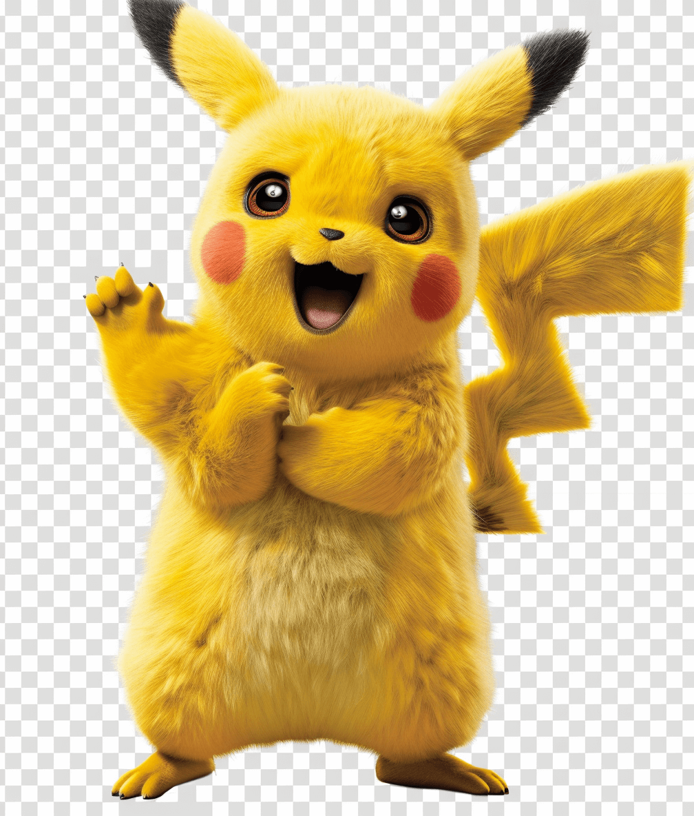 Pikachu, smiling and waving with his hands up, in a transparent background PNG file.