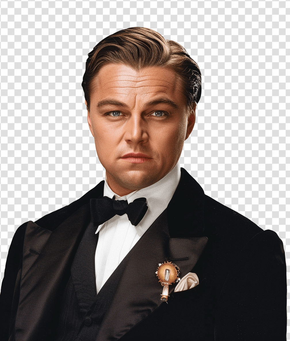 A realistic portrait of Leonardo DiCaprio in The Great Gatsby, dressed as the Godfather, isolated on transparent background, png file