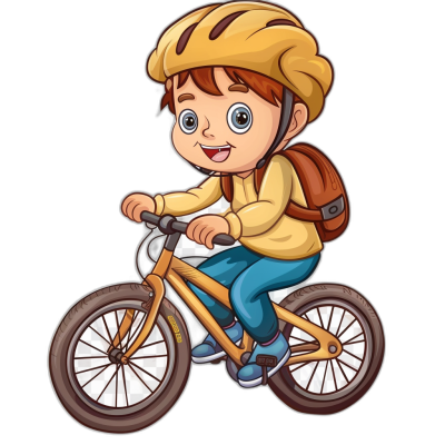 A cute cartoon boy riding his bike in a vector illustration style with a black background, using simple lines and flat colors reminiscent of children's book illustrations, with no shadows on the character. The child is wearing a helmet and backpack while smiling at the camera. He has short brown hair, blue eyes, a yellow shirt, dark pants and sneakers, with a clip art sticker design and white border, and a clear outline giving it a watercolor aesthetic and vintage vibe.