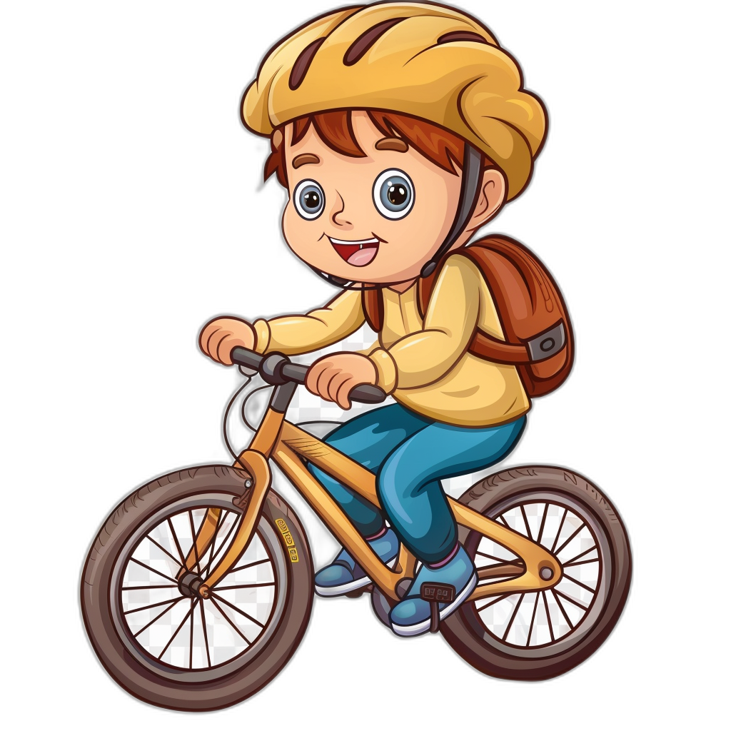 A cute cartoon boy riding his bike in a vector illustration style with a black background, using simple lines and flat colors reminiscent of children’s book illustrations, with no shadows on the character. The child is wearing a helmet and backpack while smiling at the camera. He has short brown hair, blue eyes, a yellow shirt, dark pants and sneakers, with a clip art sticker design and white border, and a clear outline giving it a watercolor aesthetic and vintage vibe.