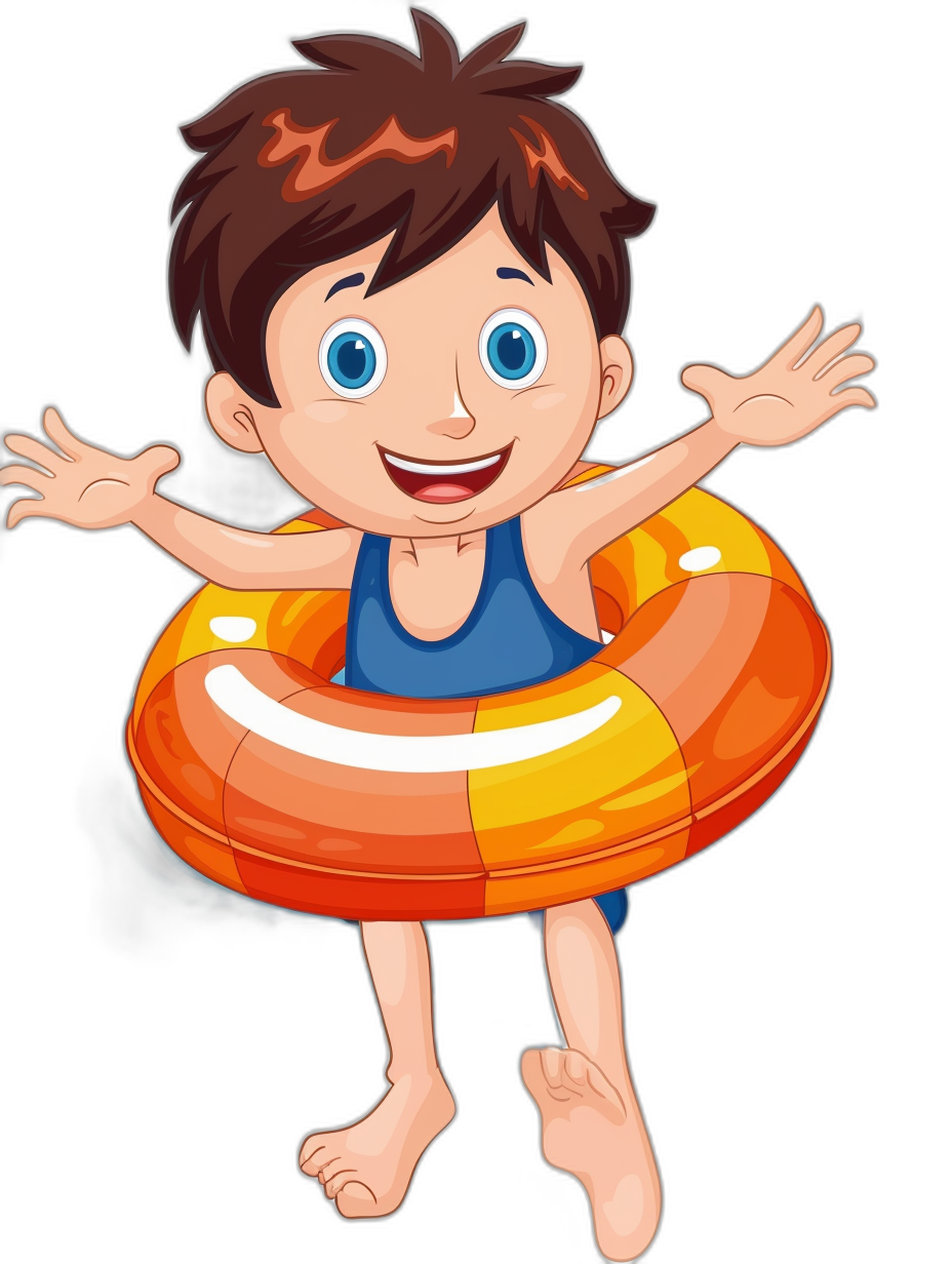 cartoon style of a happy boy with blue eyes and brown hair, wearing a swimming suit and holding an inflatable ring in his hand floating on the water against an isolated black background, in the style of clipart