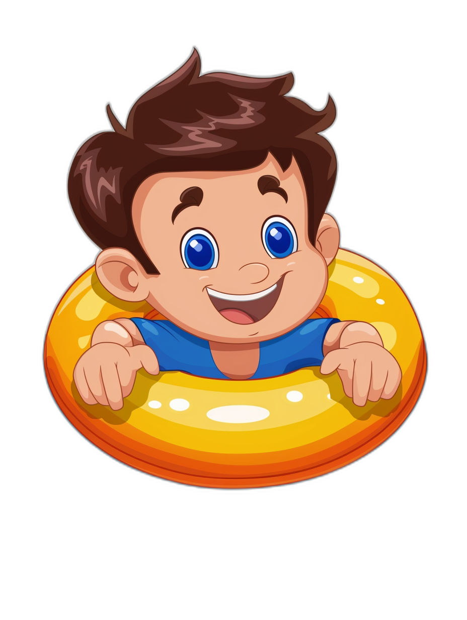 cartoon style, vector design of boy with blue eyes and brown hair smiling on an inflatable ring floating in the water, isolated black background,