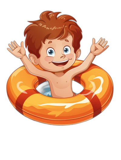 a cartoon boy with brown hair and blue eyes, smiling while floating on an orange life tube in the water, clip art style isolated black background