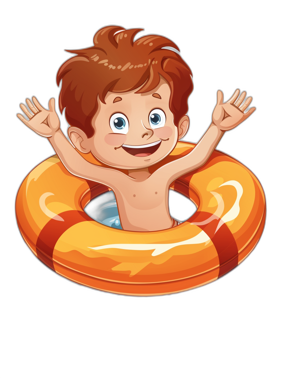 a cartoon boy with brown hair and blue eyes, smiling while floating on an orange life tube in the water, clip art style isolated black background