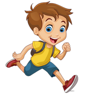 A cartoon boy running, simple and cute style with black background, wearing yellow t-shirt blue shorts red shoes white socks backpack on his back happy expression smiling big eyes wide open bright smile happy face big mouth laughing high resolution