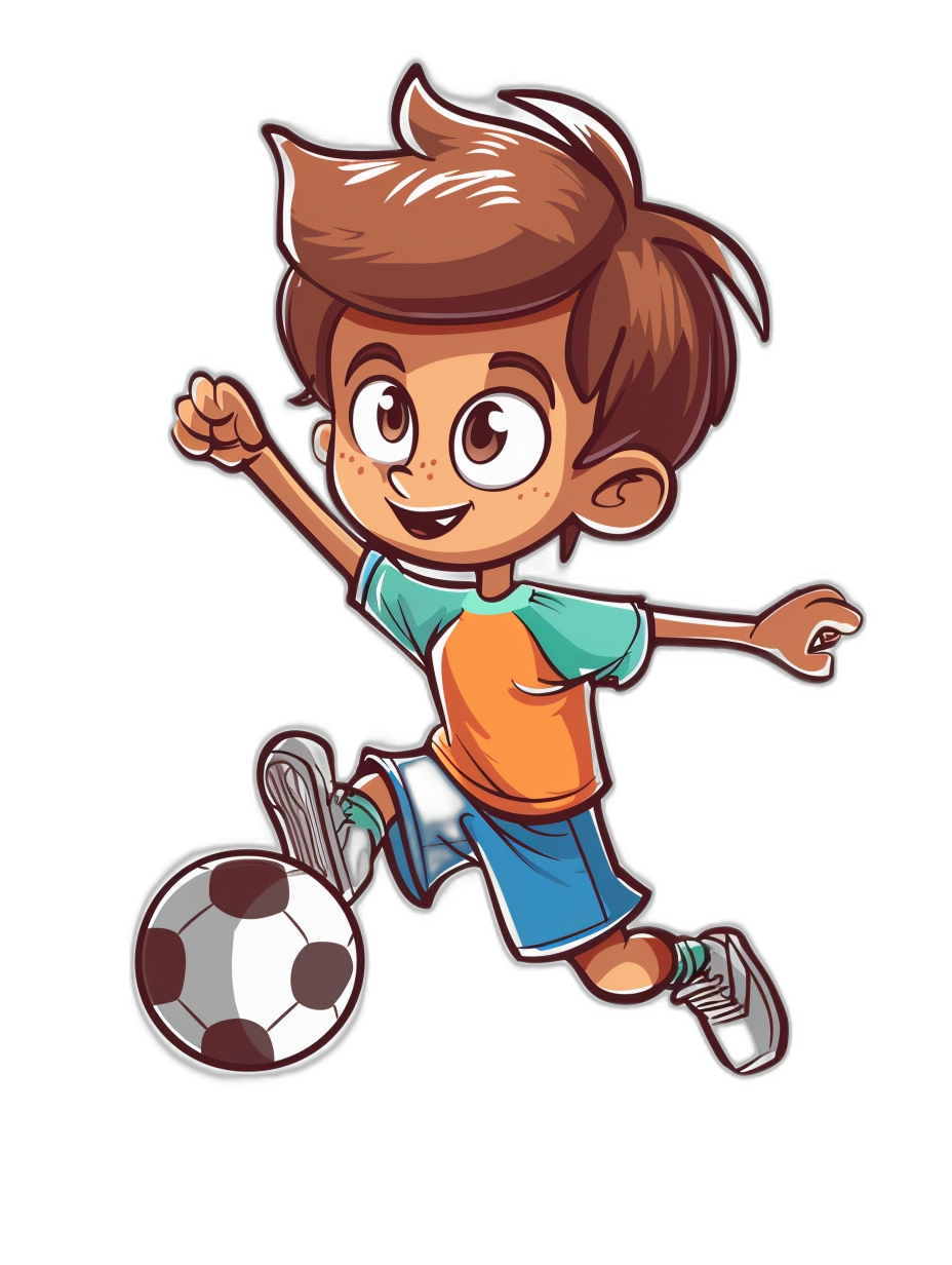 Cartoon illustrative style, cute boy playing soccer cartoon character design with dark background, simple and minimalistic vector illustration of the whole body of an adorable little boy in sportswear kicking football, with bright colors and large eyes, he has short brown hair and is wearing blue shorts and orange t-shirt , his feet have black shoes and white laces , isolated on pure black background