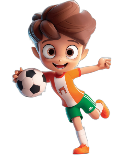 A cute boy in an Indian flag jersey, soccer shorts and shoes playing football in the style of Disney Pixar on a black background, with a cute face with big eyes, brown hair, like a Pixar character sheet, a full body shot in an action pose, with a happy, smiley face, high resolution, 3d render, octane rendering, high details, high quality, 40k resolution.