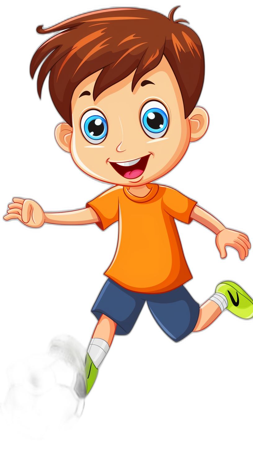 A cartoon boy with brown hair, blue eyes and an orange t-shirt is running while smiling on a black background. Vector illustration. Isolated object, vector design, professional vector art. The character has short hair and big, expressive bright blue eyes, wearing shorts and green shoes; his shirt is also orange in colour. He looks happy to be playing soccer. Black isolated background. Cartoon style character with a detailed character design. Flat vector illustration in the style of a cartoon.