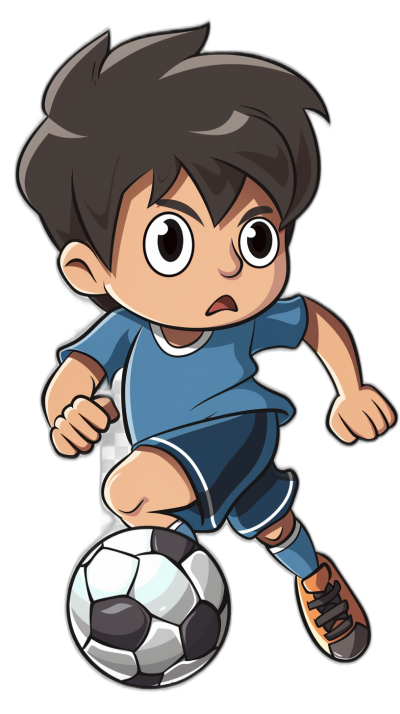 Cartoon illustrative style, a little boy in a blue and white jersey playing soccer against a black background, shown in a full body, simple design with simple lines in the style of a chibi character sticker. The overall color scheme is dark brown with light gray accents. He has short hair and big eyes, wearing sneakers on his feet as he dribbles the ball. His expression reflects determination and focus during play.