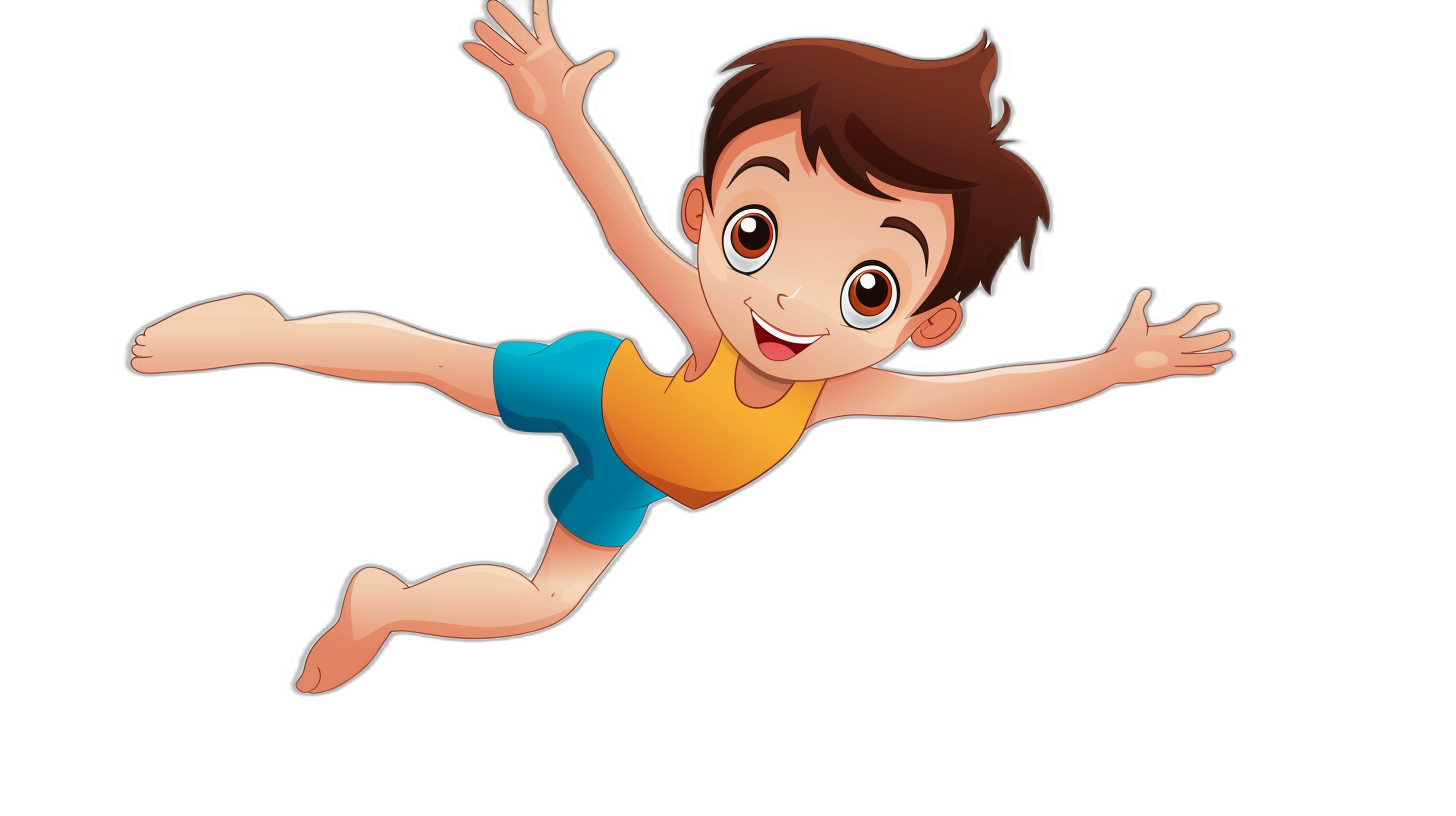 Cute cartoon boy doing gymnastics, jumping high in the air with black background, simple style, flat illustration, full body portrait, high resolution, no shadow on all four sides