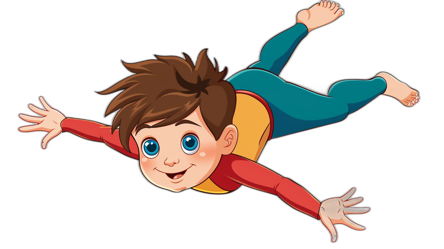 A cartoon boy flying in the air, with brown hair and blue eyes, wearing red pants and yellow shirt, simple black background, vector illustration style, flat design, colorful colors, cartoon character design, high resolution, cute, cheerful mood, free falling posture, cartoon head outline. Black Background Vector Illustration