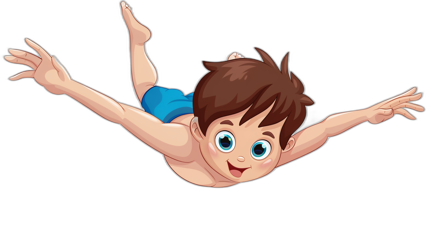 vector cartoon of brown haired boy with blue eyes diving, black background, simple design, vector style