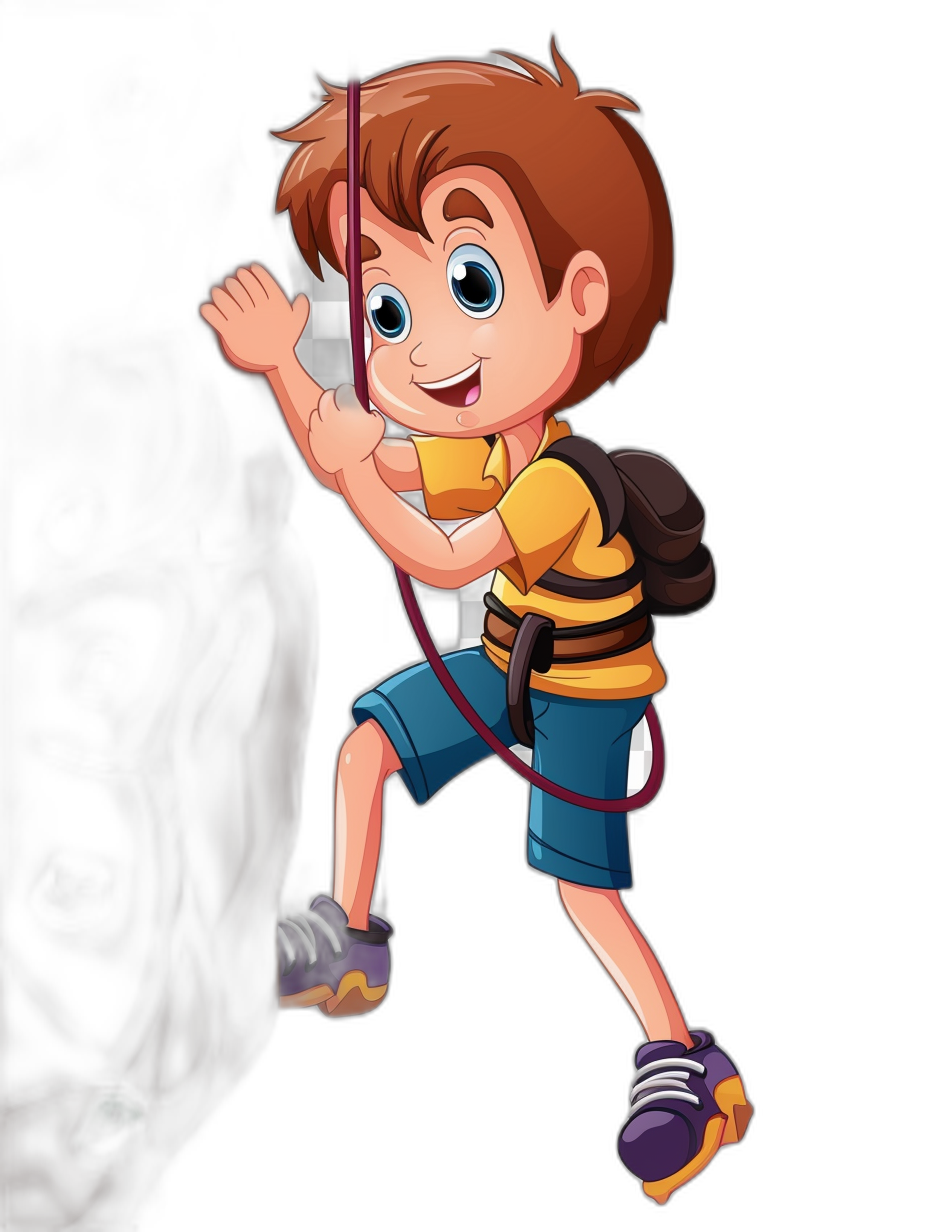 a cartoon of an excited boy wearing shorts and shirt climbing with ropes, he has brown hair, his face is illuminated by the light from behind him on black background, he wears purple shoes and carries a backpack in comic style, 2d game art