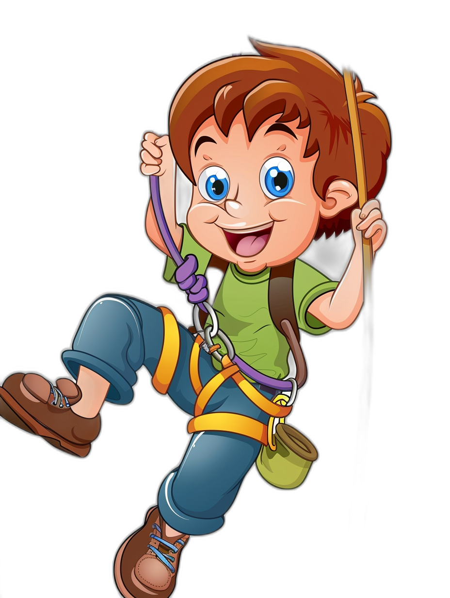 cartoon clip art, A cute boy is climbing with ropes, wearing a green t-shirt and blue jeans on his feet. He has brown hair and big eyes, smiling happily at the camera. Black background.