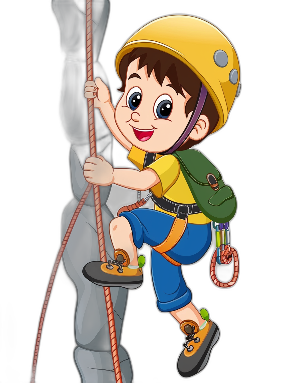 Cute cartoon vector style boy climbing with ropes and helmet, colorful , black background, high resolution