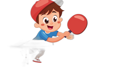 cartoon kid playing table tennis, vector illustration, solid black background, high resolution, professional digital artwork, simple cartoon style, cute character design with a red and blue color palette. The boy player is wearing a white hat with pointy ears on his head, holding a red wooden ping pong bat ready to hit a ball in the air. The dark black room lighting shows a side view of a young man's face smiling happily while his focused eyes look at a pink hitting pad below him in the style of a simple cartoon.