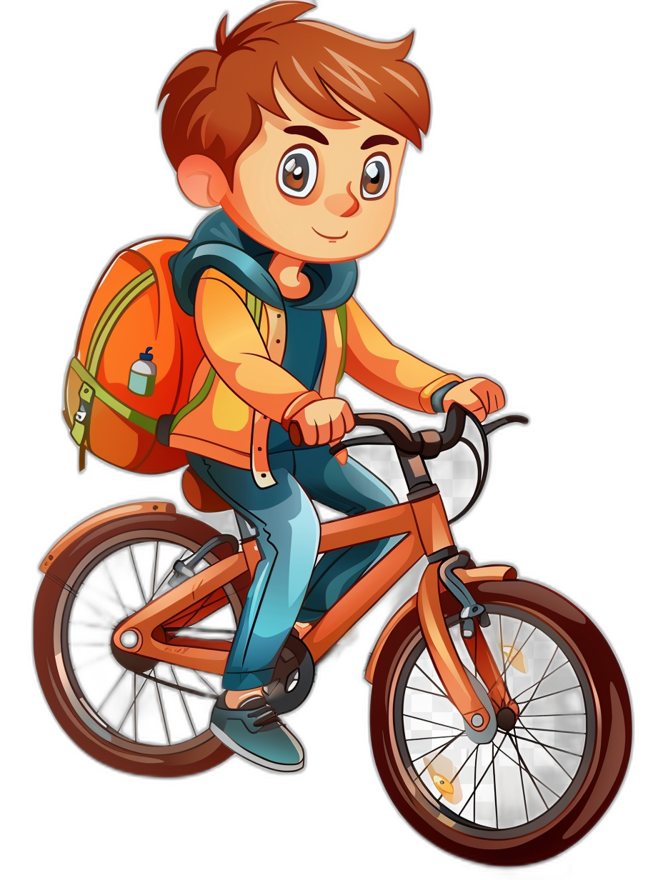 cartoon young boy with brown hair and blue eyes, riding an orange bike, wearing a backpack, in the style of clip art style cartoon illustration for kids on a black background