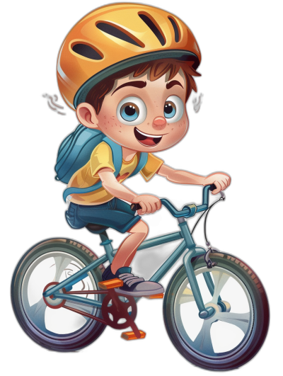 A boy wearing a helmet riding a bicycle, in the style of a cartoon illustration for a children's book, showing his full body against an isolated black background, in high quality.