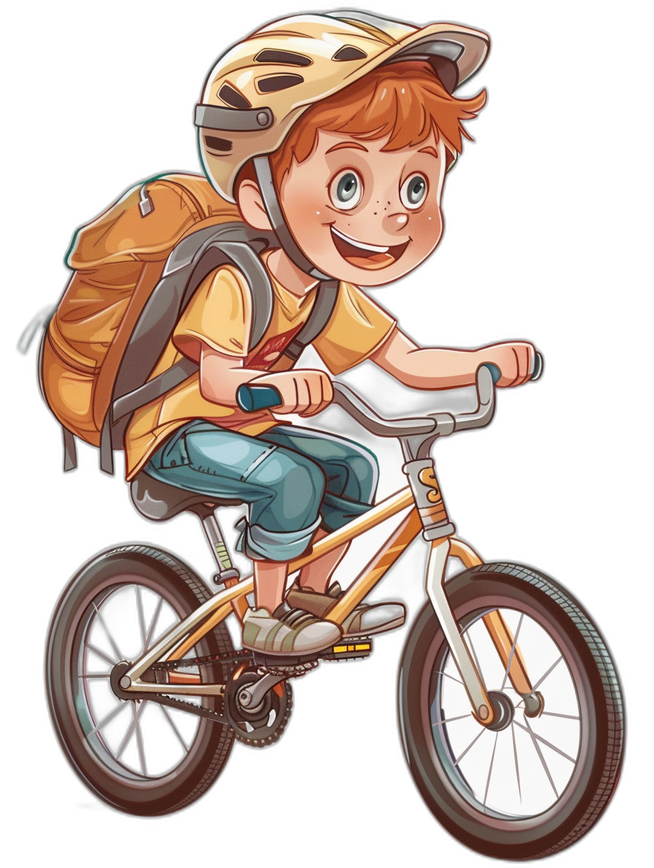 A happy young boy with short red hair and blue eyes wearing a yellow t-shirt, white shorts, brown sneakers, and a gray backpack riding his bike in the style of a cartoon vector illustration on a black background.