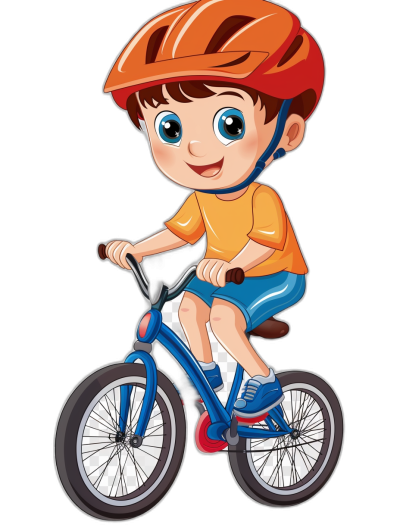 Cute cartoon boy riding bicycle, wearing helmet and blue shorts, simple vector illustration with black background, no shadows on the character, no text or letters in picture, high resolution, high quality, colorful design, happy face, smiling eyes, cheerful expression. It is dressed in orange t-shirt and dark red shoes, sitting sideways and looking at camera. The style of drawing looks like it was drawn by an artist for children's books. He has big expressive bright sparkling white eyes.