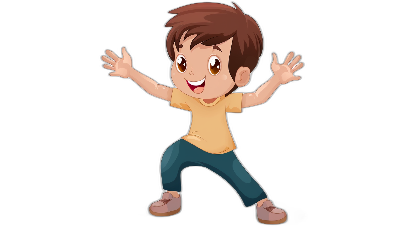 Cute cartoon boy, happy expression, full body photo, hands raised in the air to guide dancing action, black background, simple and cute style, manga animation character design in the style of Q-version, bright colors, 2D flat illustration style, high definition resolution. High quality illustration.