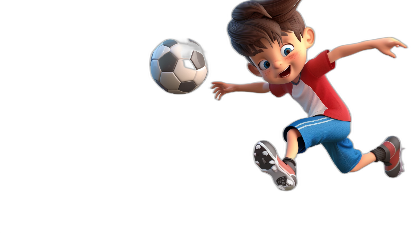 A boy is kicking a ball in the style of Pixar, a cartoon character on a black background with a red and blue color scheme. He has white shoes, short brown hair, and is wearing a soccer outfit with dark shorts and a light t-shirt. He has big eyes, a smiling face, and a white nose. It is a 3D rendering of a cartoon character in the style of Disney.