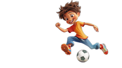 A boy playing football in a cartoon style, in the style of Disney Pixar animation, on a black background, in a full body shot, jumping with the ball in his hand, with brown hair and wearing an orange t-shirt, blue jeans, and white sneakers, with a cute expression on his face, in high resolution.