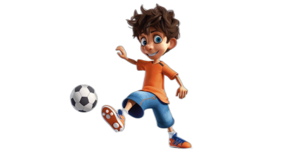 cartoon character, a boy playing soccer in an orange shirt and blue pants with brown hair on a black background, in the style of Pixar.