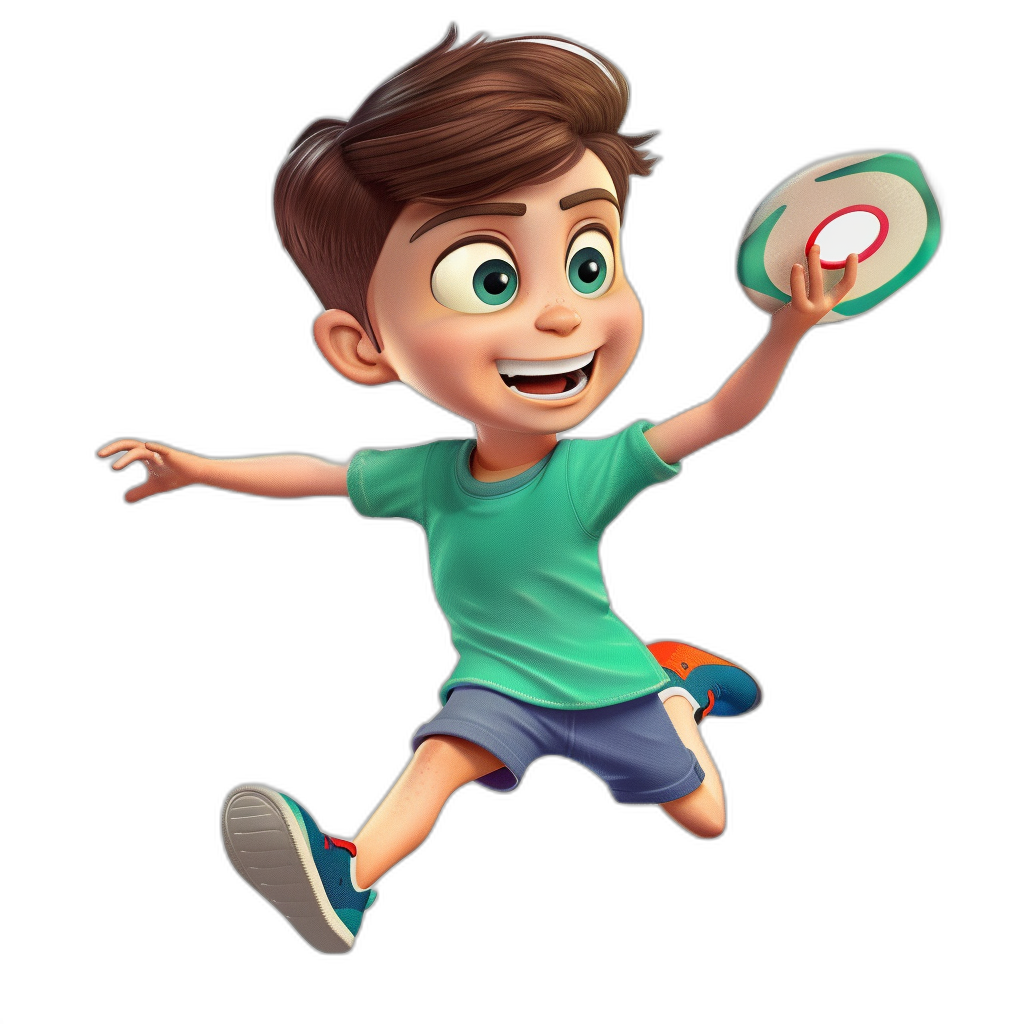 A cartoon boy in a green t-shirt and blue shorts, with brown hair is playing frisbee on a black background in the style of Pixar, in the style of Disney, cute, vibrant color, 2D game art, simple design, white outline, high resolution, high detail, high quality, rendered with Octane, 40k resolution, the best in the world, highest quality, most details, best resolution, best render.