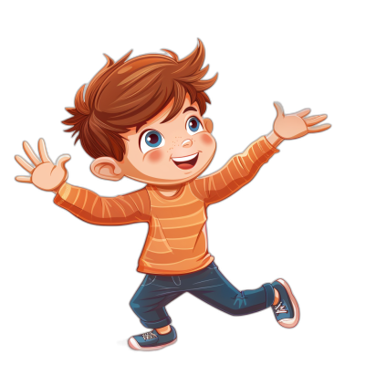 a cute cartoon boy in the style of Pixar, brown hair and blue eyes wearing orange longsleeve shirt with jeans jumping on black background