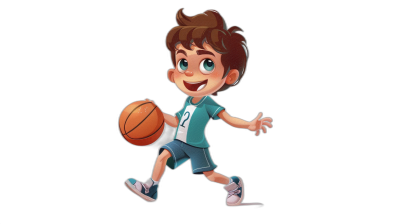 A cute cartoon boy playing basketball, wearing sports shorts and sneakers with white laces on his feet. He has brown hair and is smiling while dribbling the ball in mid-air against a black background. The character should have bright blue eyes and be dressed for athletic wear, such as a t-shirt or jersey. Focus on capturing an energetic pose of him running forward to make another basket in the style of athletic wear.