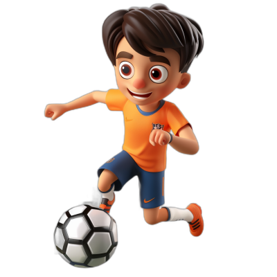 3D character of a smiling young boy in an orange t-shirt and dark blue shorts, playing soccer with a ball on a black background; in the style of Disney Pixar