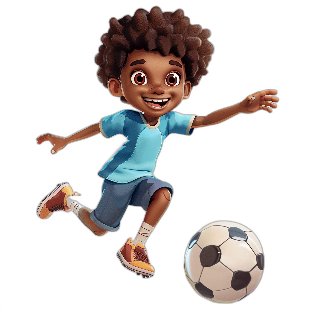 An African American boy character playing soccer in the style of Pixar, with his right foot forward and the ball beside him on a black background. He has curly hair and is wearing blue shorts, a white shirt, and orange shoes, smiling brightly. The focus should be sharp to capture every detail of his joyful expression. Use soft lighting from above for a photorealistic rendering. Ensure that he stands upright without any perspective distortion or distortion effects.