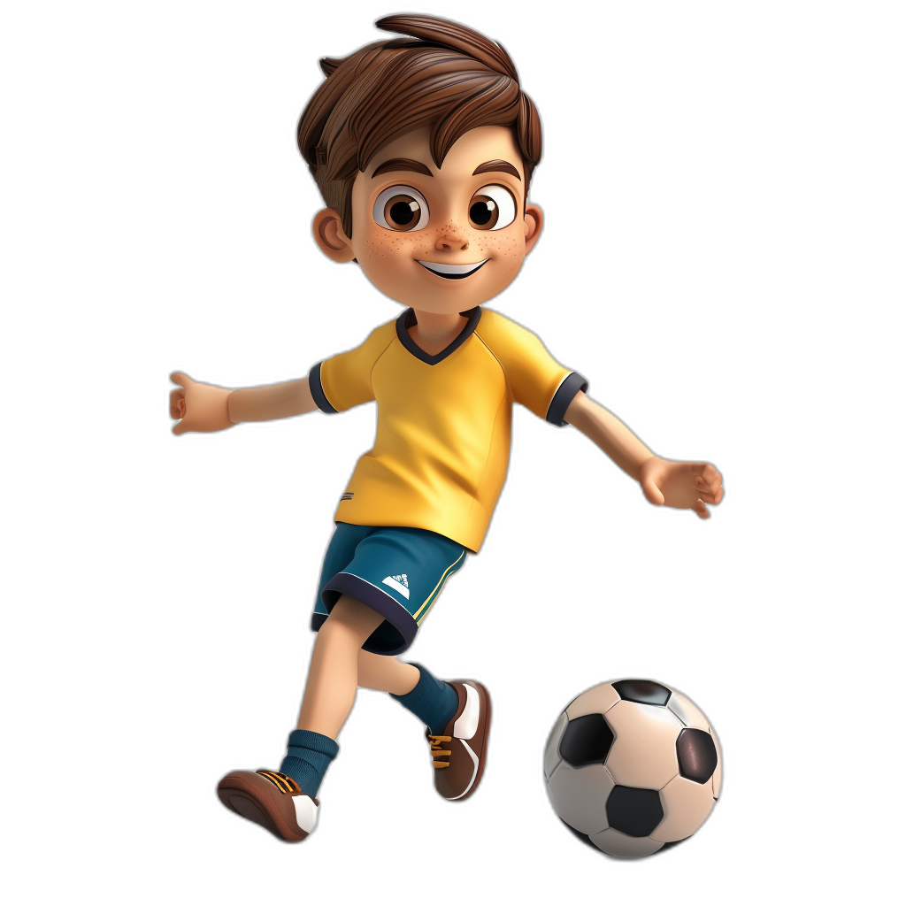 A cute boy playing football in a cartoon style and in the style of Disney Pixar animation, wearing a yellow and blue short-sleeved t-shirt with black shorts, smiling with a white skin color, dark brown hair, and right foot kicking the ball with a 3D rendering effect on a black background.
