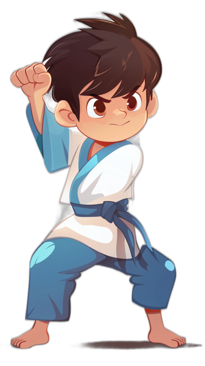 A cute chibi cartoon of a young boy doing karate, full body, on a black background, wearing a white and blue outfit in the style of an anime artist.