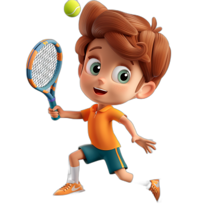 A cute boy playing tennis, with brown hair and green eyes wearing an orange shirt, blue shorts and Nike shoes on his feet, holding the racket in one hand while hitting the ball. The background is black, with a cartoon style and high-definition rendering details. The boy is depicted in the style of a cartoon with defined rendering details against a black background, holding a tennis racket in one hand while hitting a ball.