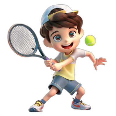 A cute boy playing tennis, wearing shorts and sports shoes on his feet, with bright eyes, brown hair, and a short haircut, holding the racket in one hand and hitting the ball in mid-air. He wears a white cap backwards and has a cartoon style in the style of Pixar with 3D rendering, in a full body shot against a black background.