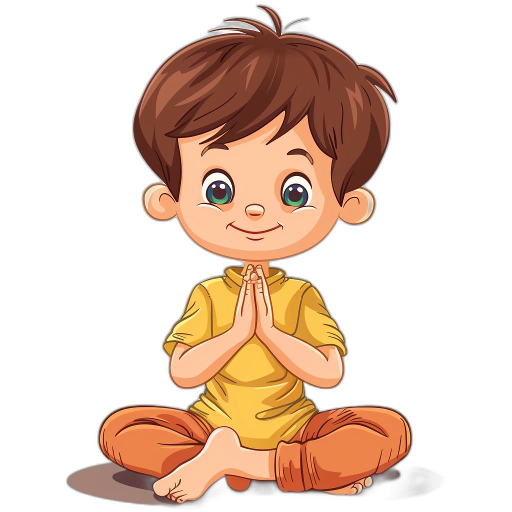 A cute cartoon boy doing yoga, hands clasped together in prayer with green eyes and brown hair wearing a yellow t-shirt sitting on the floor, in the style of clip art style isolated on a black background, high resolution