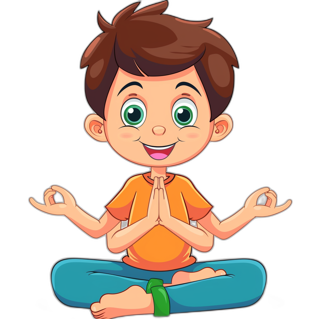 cartoon of cute boy doing yoga in the style of clip art, in the style of black background