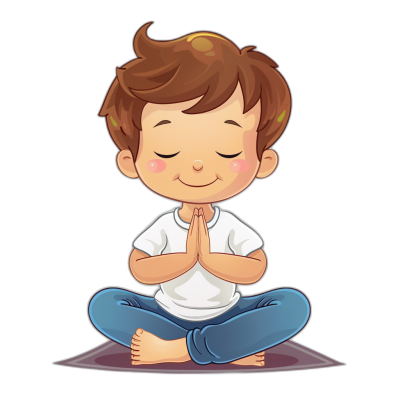 A cute cartoon boy doing yoga, simple flat illustration style with black background and white t-shirt. The little girl is wearing blue pants, hands clasped in prayer at the chest level, eyes closed, smiling expression, short brown hair, frontal view.