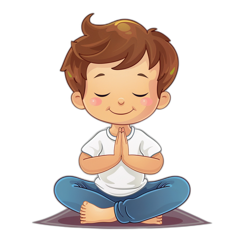 A cute cartoon boy doing yoga, simple flat illustration style with black background and white t-shirt. The little girl is wearing blue pants, hands clasped in prayer at the chest level, eyes closed, smiling expression, short brown hair, frontal view.