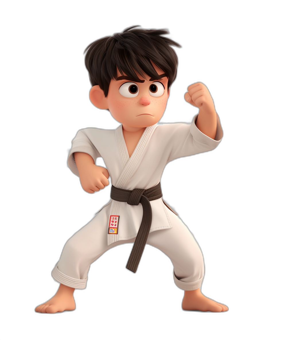 A cute little boy in a white karate suit with a black belt, doing a stance ready to fight pose, in the style of 3D Pixar, cartoon character, on a solid background, high quality, high resolution, in the style of Pixar render, in the style of Disney.