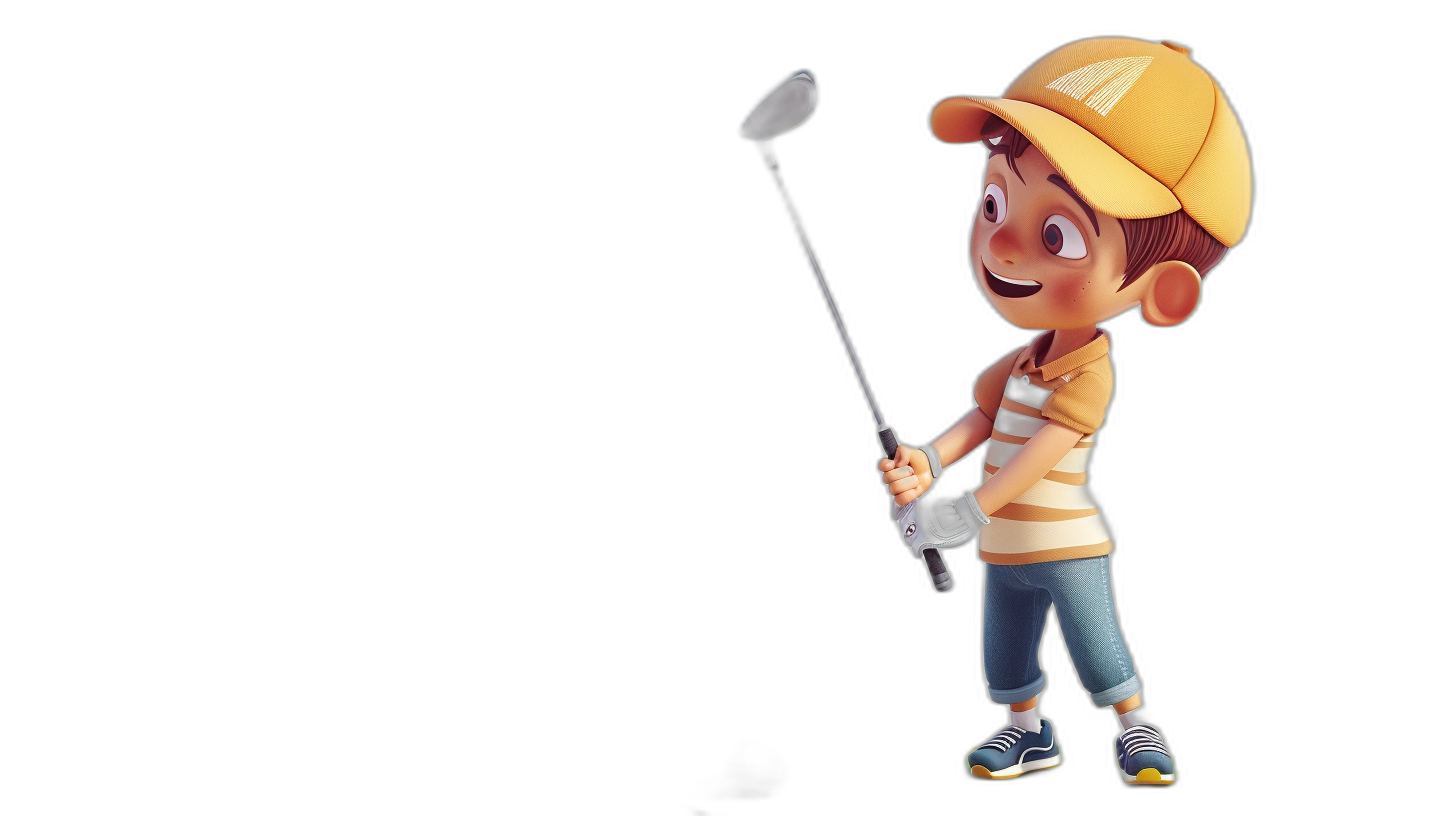 3D character of a young boy playing golf, wearing a yellow cap and striped t-shirt, on a black background, in the style of Disney Pixar.