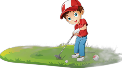 cartoon boy playing golf, in a cartoon style, with a black background, a green field with a ball and club on the ground, the boy wearing a red shirt, white cap and blue pants.