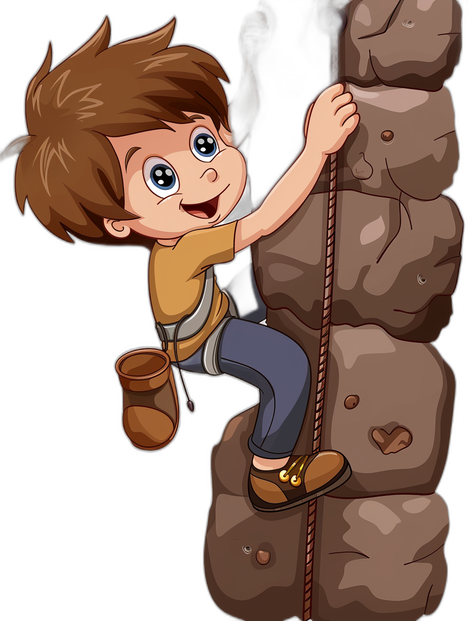 A cartoon boy climbing a rock wall in the style of clip art with a black background.